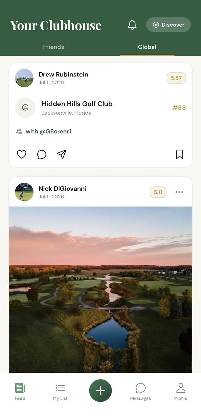 The Your Clubhouse app showing a feed of rounds played, with scores, courses and a photo of a golf course at dusk